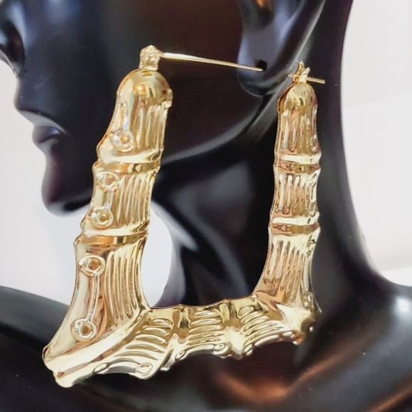 Large bamboo hoop earrings, square bamboo earrings for women. 3.0 Inches - Picture 4 of 8